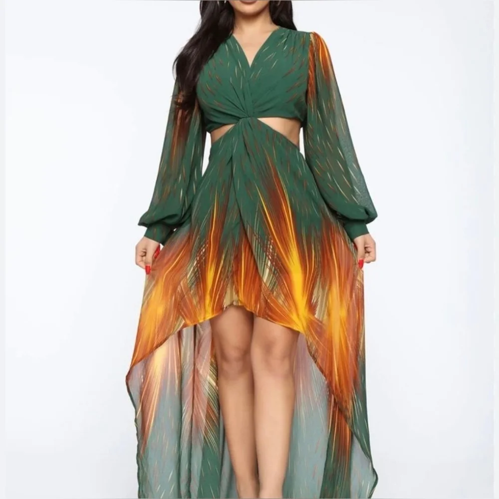 Fashion Nova Hunter Green Maxi Dress with Orange and Yellow Stripes Sz. 2X - Picture 3 of 3